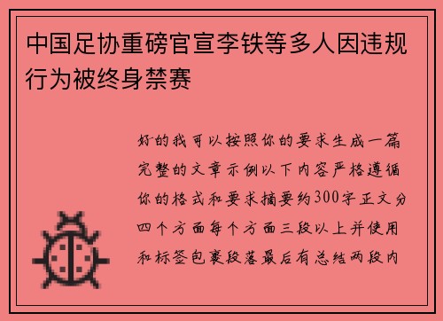 中国足协重磅官宣李铁等多人因违规行为被终身禁赛 中国足协重磅官宣李铁等多人因违规行为被终身禁赛