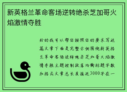 新英格兰革命客场逆转绝杀芝加哥火焰激情夺胜 新英格兰革命客场逆转绝杀芝加哥火焰激情夺胜